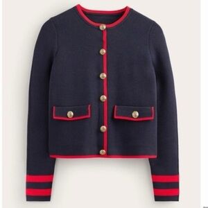 Boden Holly Cropped Knitted Jacket in Navy with Red Trim 100% Cotton
